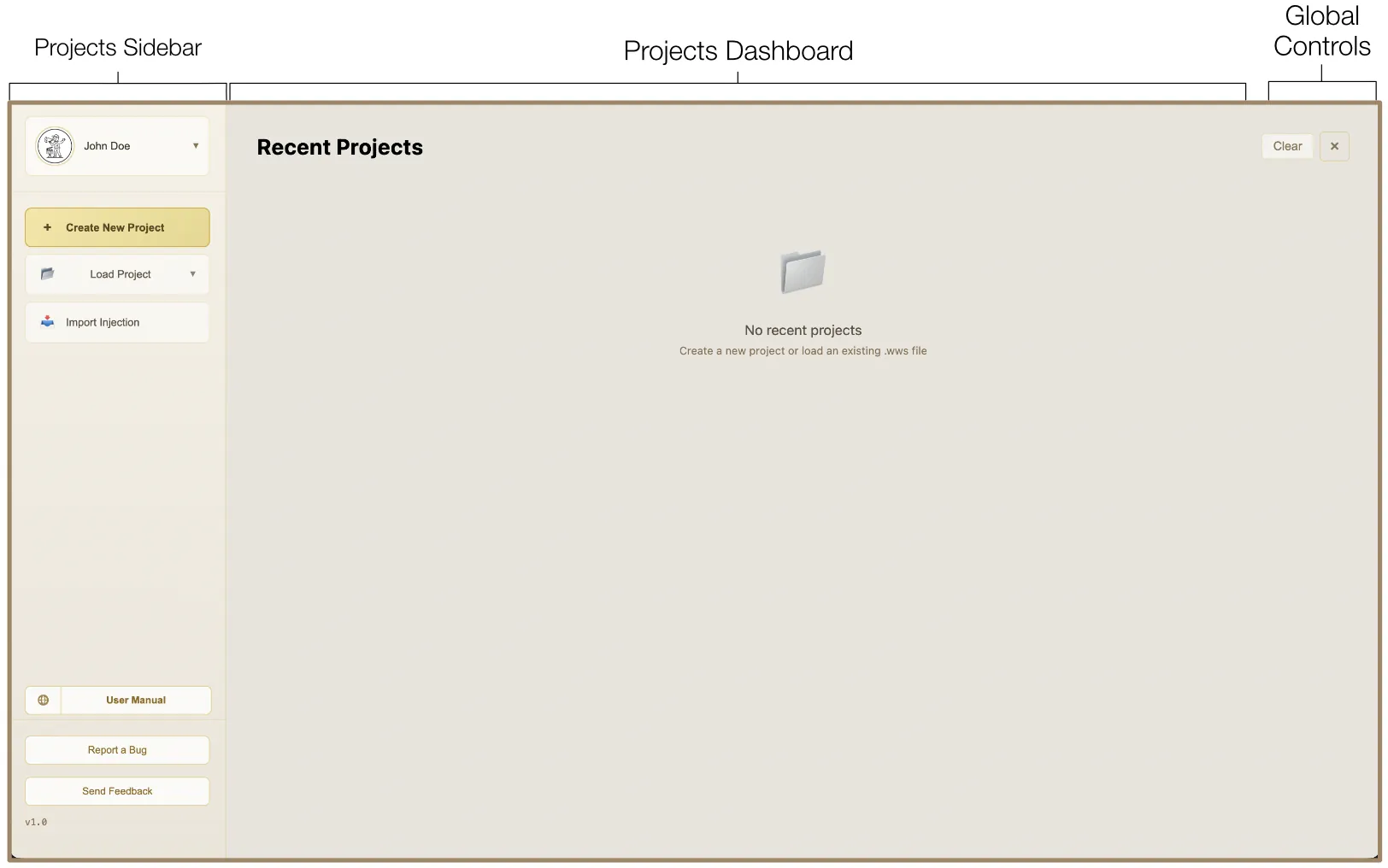 Project Browser overview showing the sidebar and recent projects dashboard